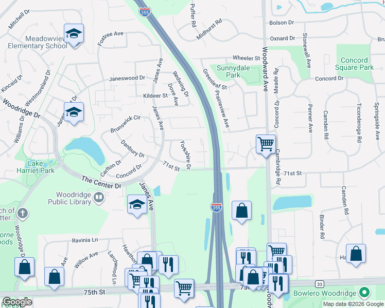 map of restaurants, bars, coffee shops, grocery stores, and more near 7044 Yorkshire Drive in Woodridge