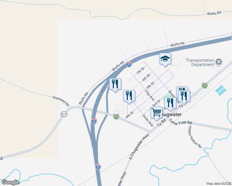 map of restaurants, bars, coffee shops, grocery stores, and more near 100 Buffalo Drive in Chugwater