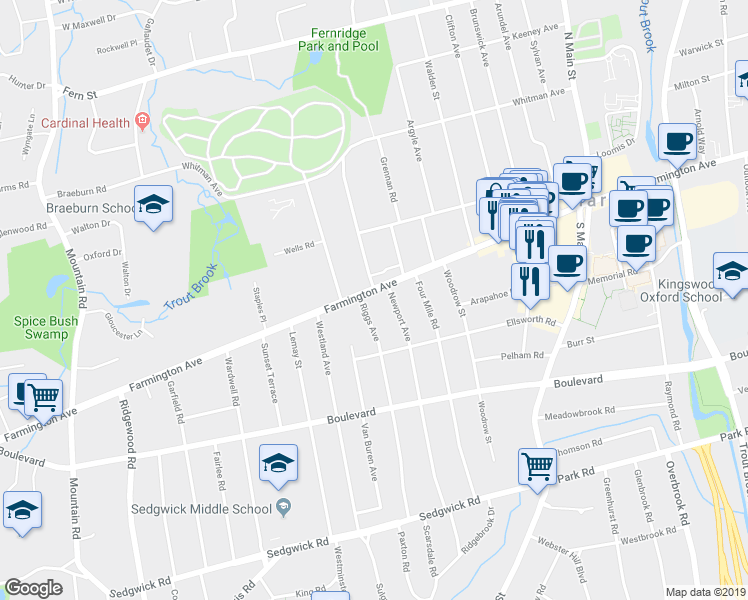 map of restaurants, bars, coffee shops, grocery stores, and more near 1063 Farmington Avenue in West Hartford