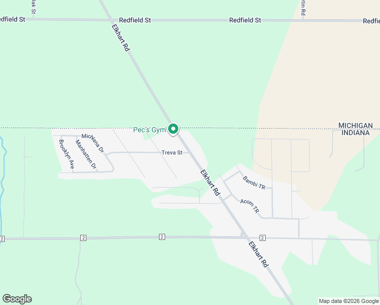 map of restaurants, bars, coffee shops, grocery stores, and more near 50599 Elkhart Road in Elkhart