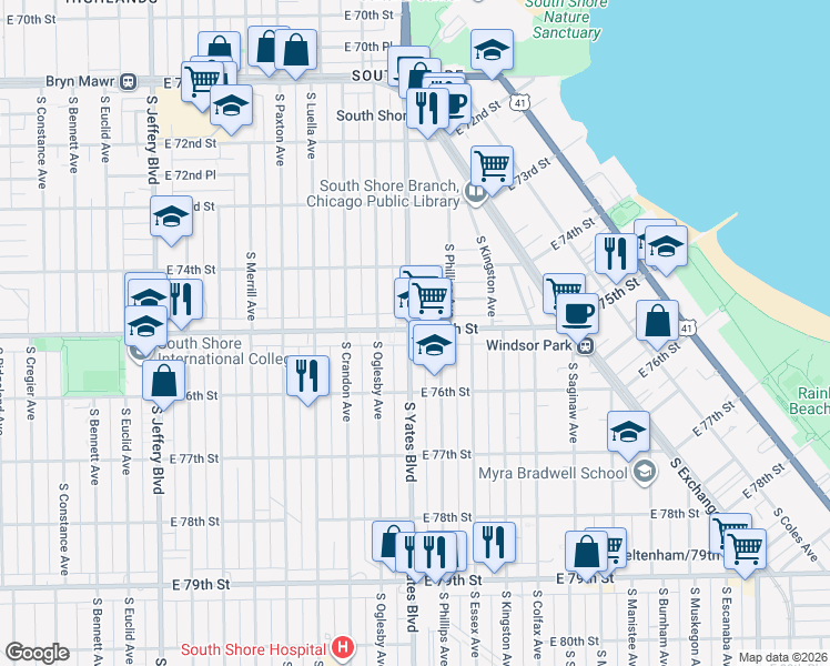 map of restaurants, bars, coffee shops, grocery stores, and more near 7531 South Phillips Avenue in Chicago