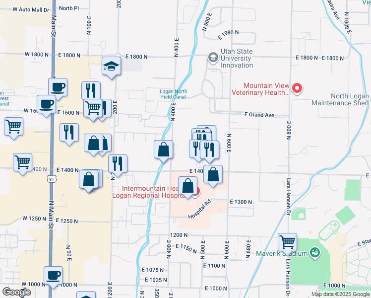 map of restaurants, bars, coffee shops, grocery stores, and more near 1480 North 1400 East in Logan