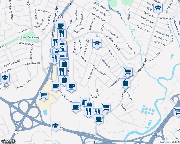 map of restaurants, bars, coffee shops, grocery stores, and more near 269 Poplar Drive in Cranston