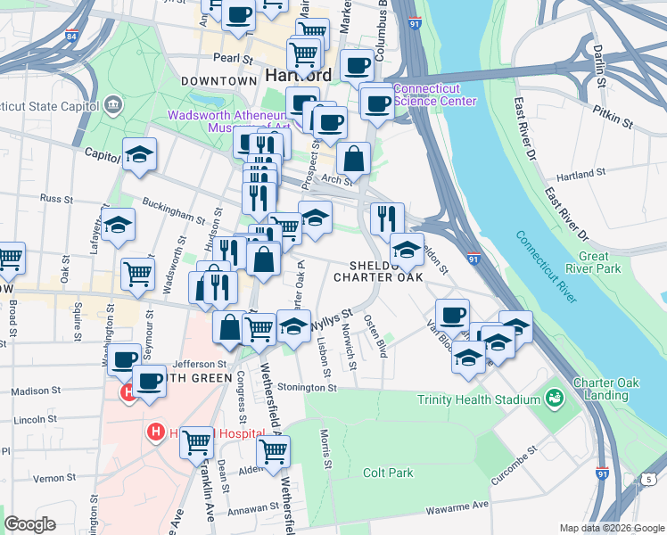 map of restaurants, bars, coffee shops, grocery stores, and more near 60 Popieluszko Court in Hartford