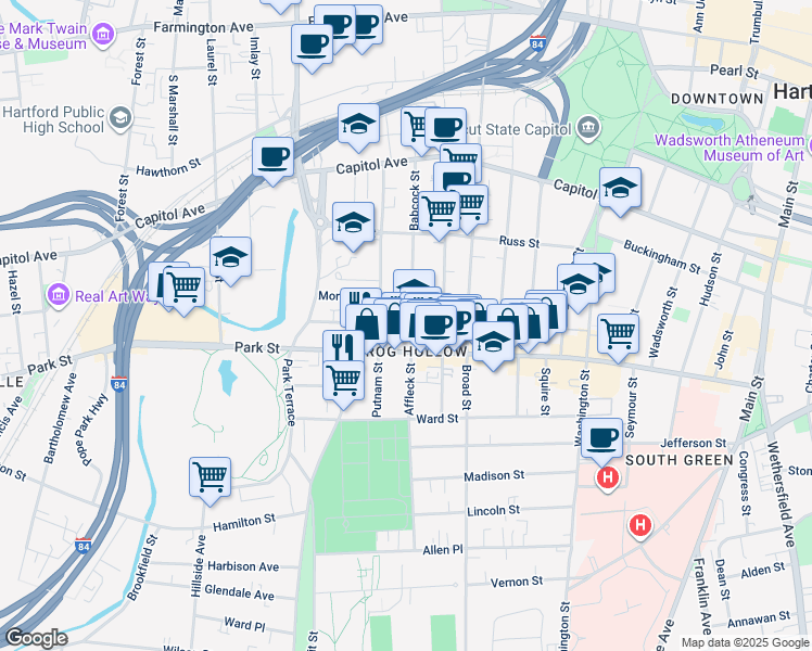 map of restaurants, bars, coffee shops, grocery stores, and more near in Hartford