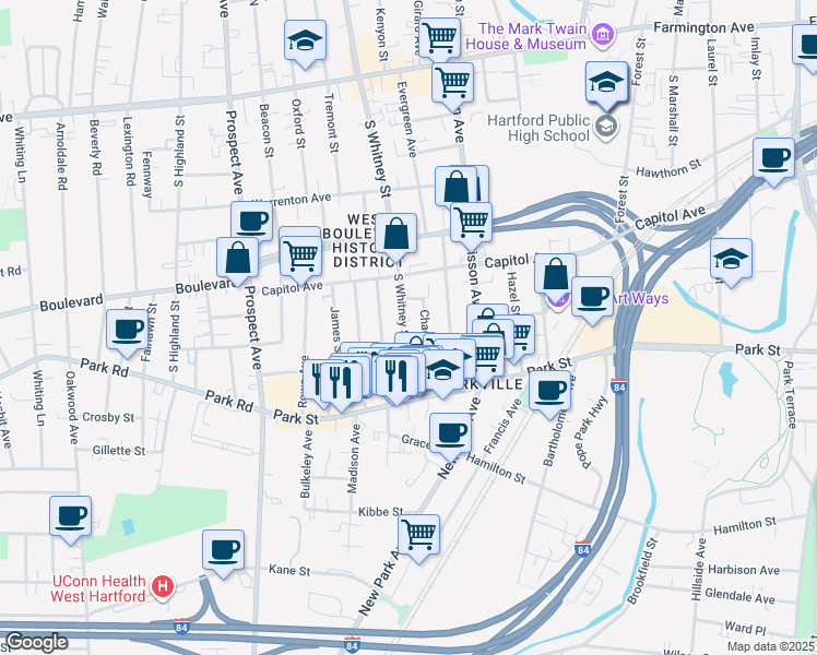 map of restaurants, bars, coffee shops, grocery stores, and more near 51 South Whitney Street in Hartford