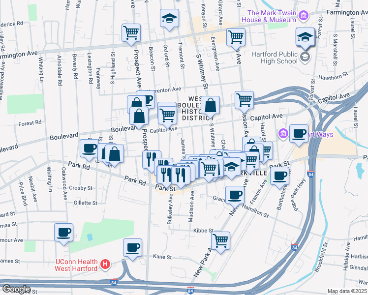 map of restaurants, bars, coffee shops, grocery stores, and more near 62-64 Rowe Avenue in Hartford