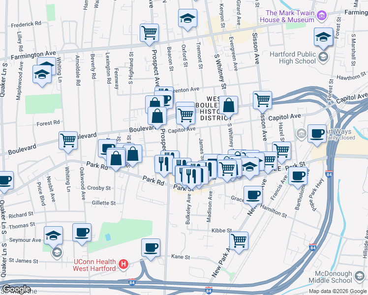map of restaurants, bars, coffee shops, grocery stores, and more near 24 Beacon Street in Hartford