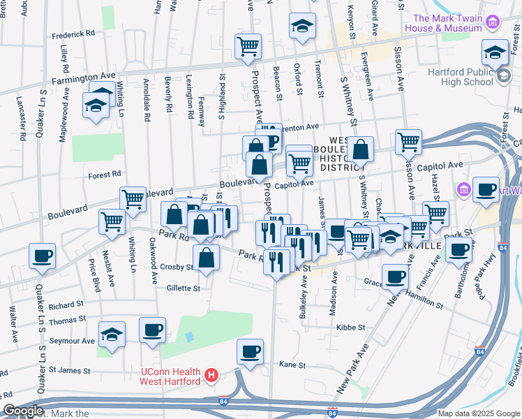 map of restaurants, bars, coffee shops, grocery stores, and more near 395 Prospect Avenue in Hartford