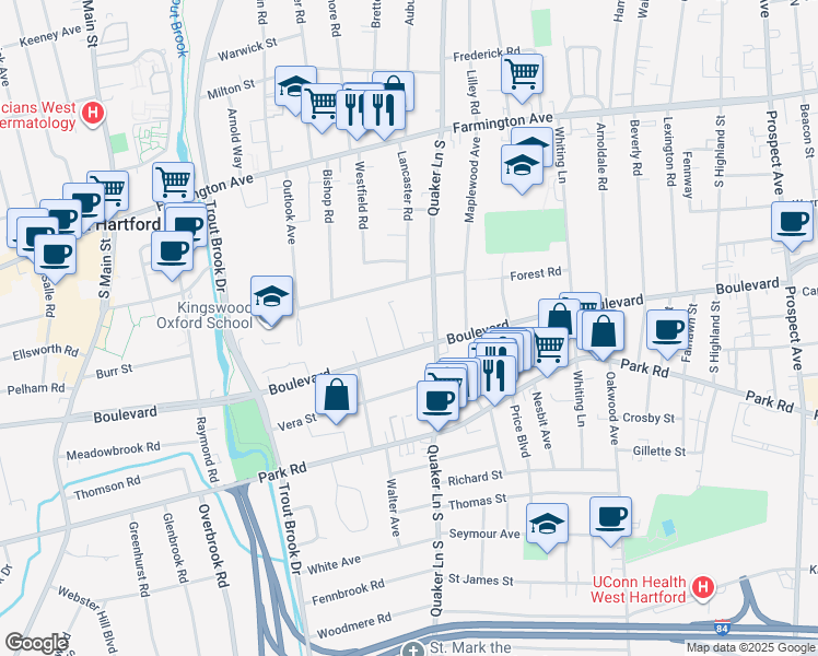 map of restaurants, bars, coffee shops, grocery stores, and more near 1358 Boulevard in West Hartford