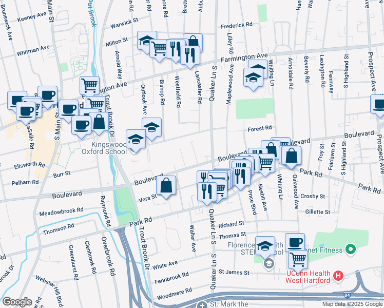 map of restaurants, bars, coffee shops, grocery stores, and more near 1358 Boulevard in West Hartford