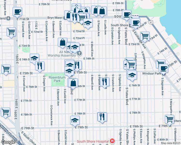 map of restaurants, bars, coffee shops, grocery stores, and more near 7514 South Merrill Avenue in Chicago