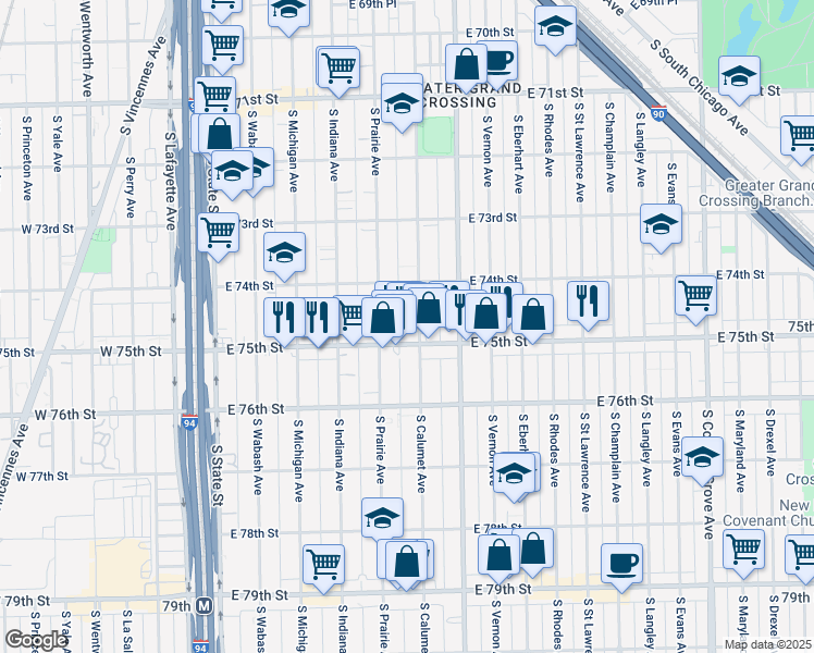 map of restaurants, bars, coffee shops, grocery stores, and more near 346 East 75th Street in Chicago