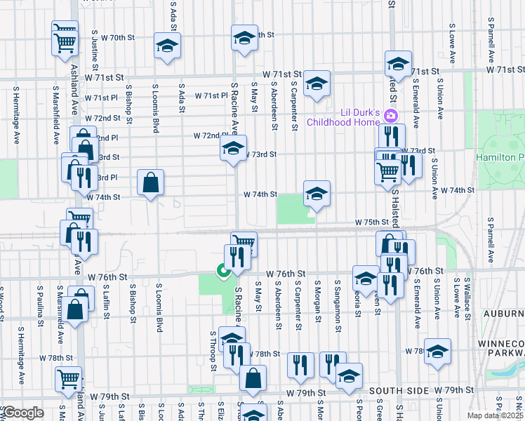 map of restaurants, bars, coffee shops, grocery stores, and more near 7439 South May Street in Chicago