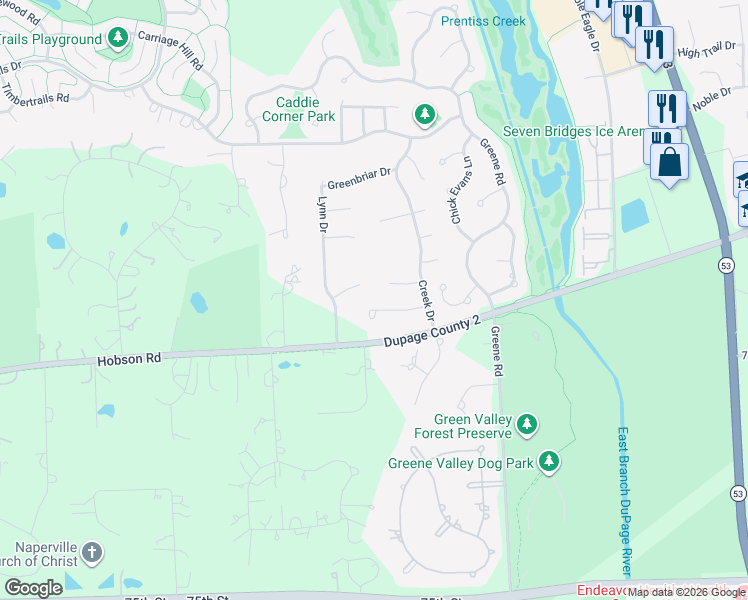map of restaurants, bars, coffee shops, grocery stores, and more near 3929 Hobson Gate Court in Naperville