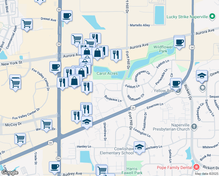 map of restaurants, bars, coffee shops, grocery stores, and more near 2548 Carrolwood Road in Naperville