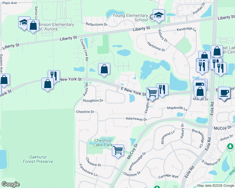 map of restaurants, bars, coffee shops, grocery stores, and more near 2462 Stoughton Circle in Aurora