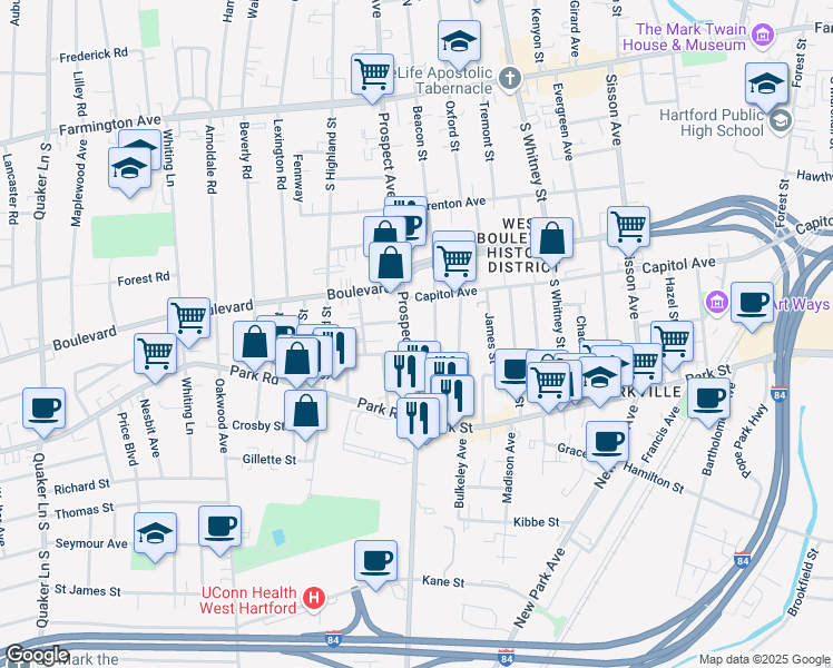 map of restaurants, bars, coffee shops, grocery stores, and more near 408 Prospect Avenue in West Hartford