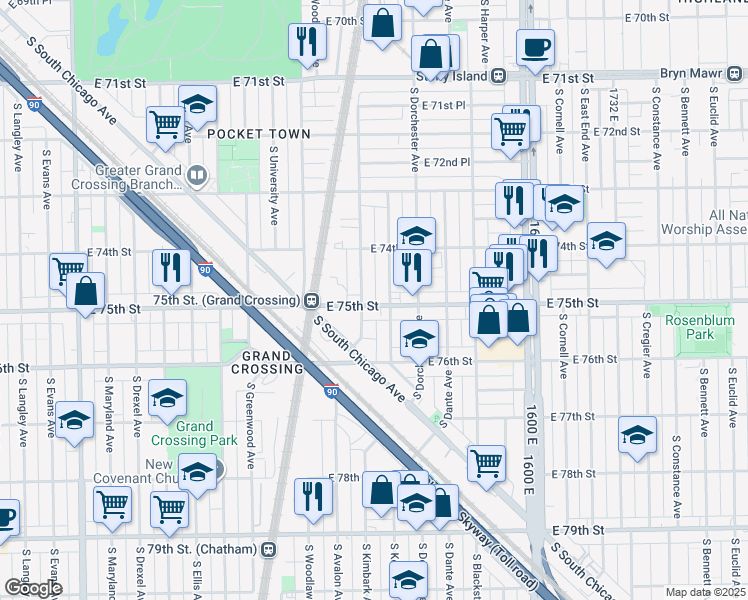 map of restaurants, bars, coffee shops, grocery stores, and more near 1315 East 75th Street in Chicago