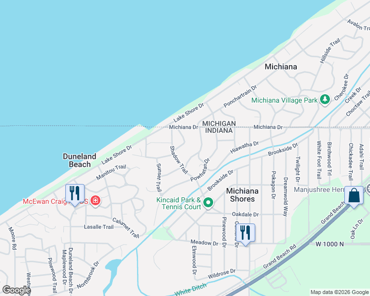 map of restaurants, bars, coffee shops, grocery stores, and more near 3710 Ponchartrain Trail in Michiana Shores