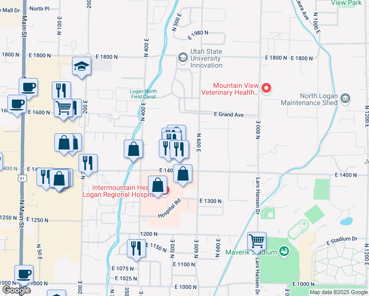 map of restaurants, bars, coffee shops, grocery stores, and more near 555 East 1400 North in Logan