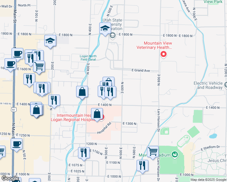 map of restaurants, bars, coffee shops, grocery stores, and more near 555 East 1400 North in Logan