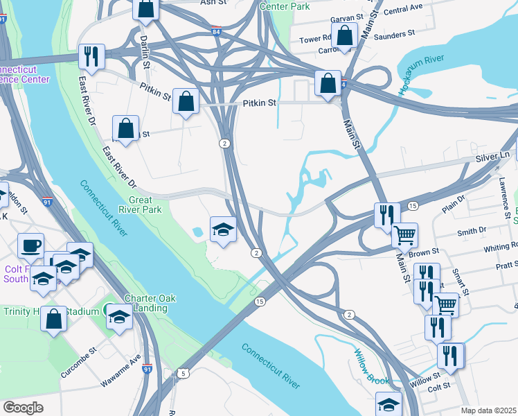 map of restaurants, bars, coffee shops, grocery stores, and more near Highway 2 in East Hartford