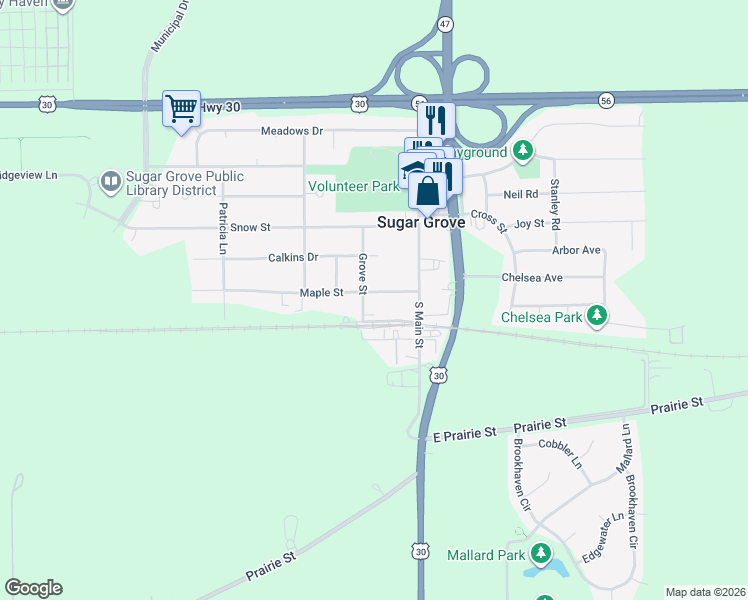 map of restaurants, bars, coffee shops, grocery stores, and more near 234 Grove Street in Sugar Grove