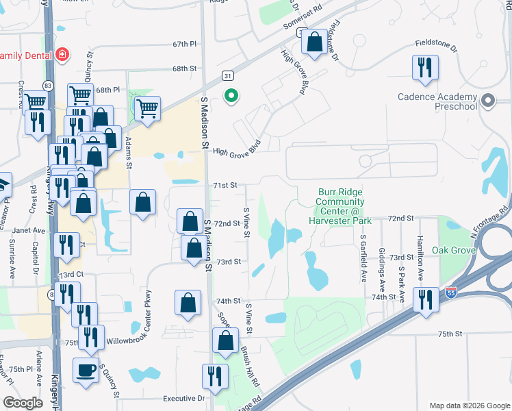 map of restaurants, bars, coffee shops, grocery stores, and more near 8S047 South Vine Street in Burr Ridge