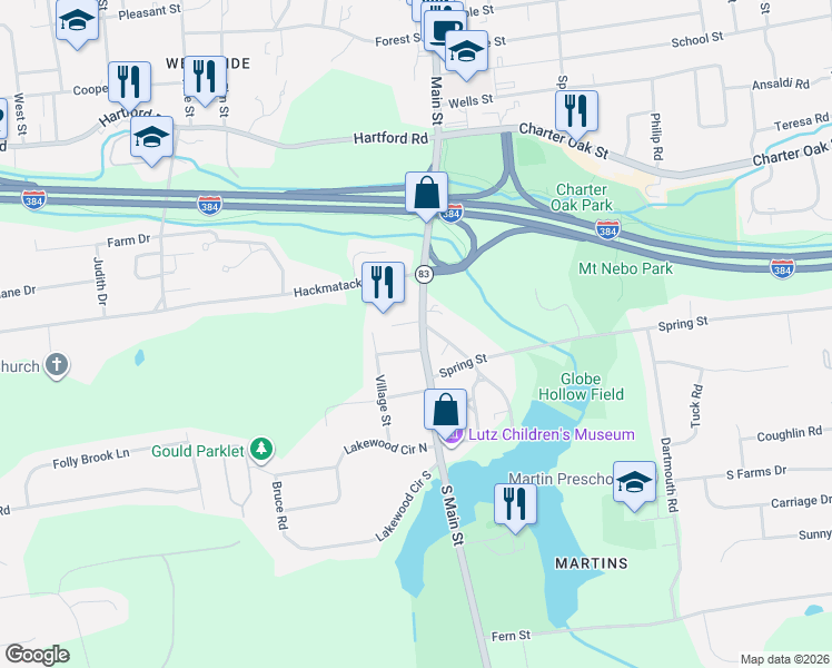 map of restaurants, bars, coffee shops, grocery stores, and more near 17 Sunset Street in Manchester