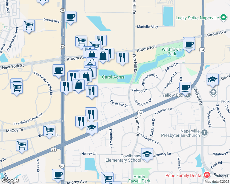 map of restaurants, bars, coffee shops, grocery stores, and more near 2555 Carrolwood Road in Naperville