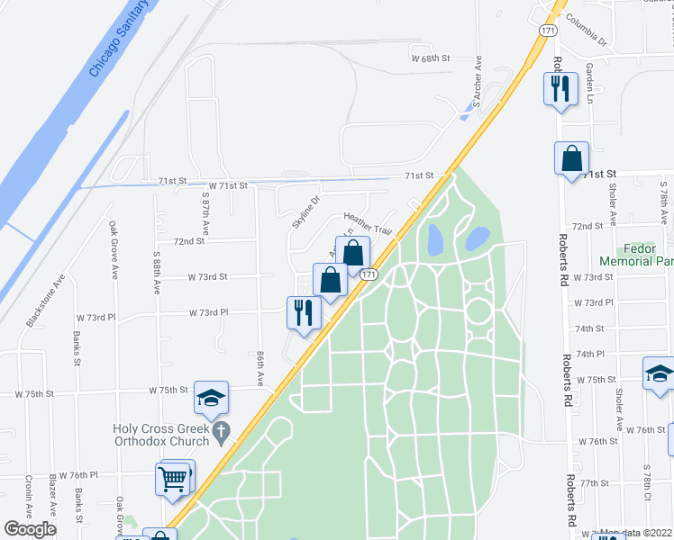 map of restaurants, bars, coffee shops, grocery stores, and more near 7425 Honey Locust Drive in Justice