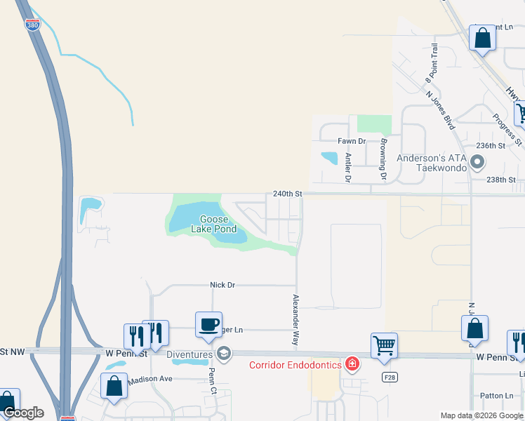 map of restaurants, bars, coffee shops, grocery stores, and more near 1881 Goose Lake Circle in North Liberty