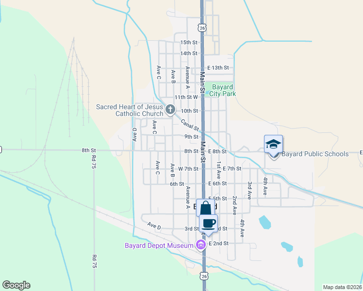 map of restaurants, bars, coffee shops, grocery stores, and more near 201-249 8th St in Bayard