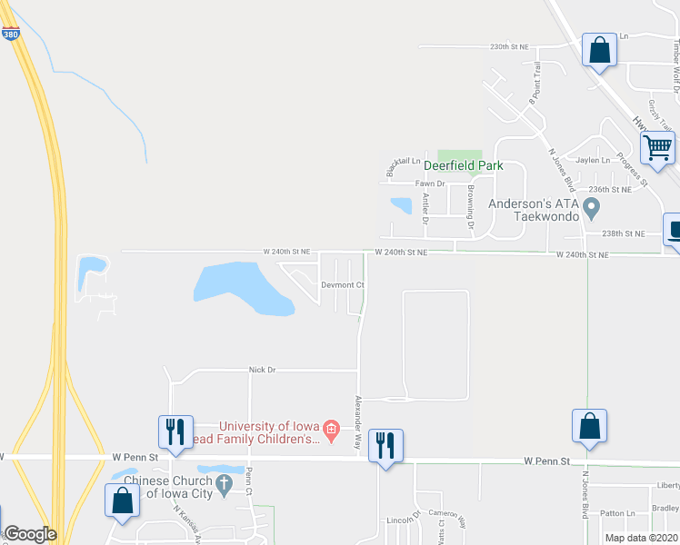 map of restaurants, bars, coffee shops, grocery stores, and more near 1230 Delaney Court in North Liberty