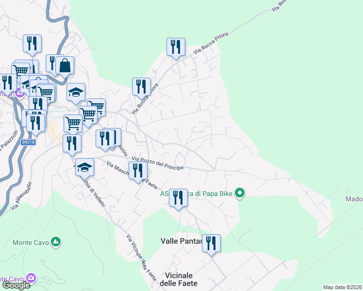 map of restaurants, bars, coffee shops, grocery stores, and more near 60 Via 4 Novembre in Rocca di Papa