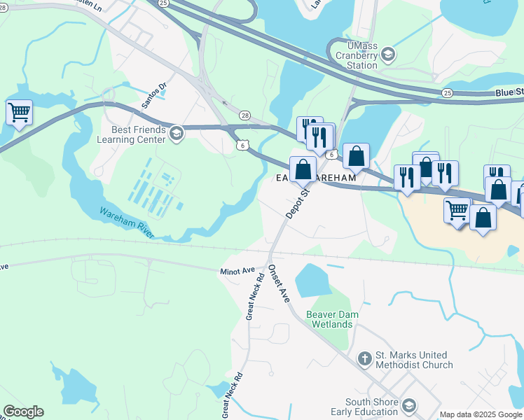 map of restaurants, bars, coffee shops, grocery stores, and more near 2 Knowles Avenue in Wareham