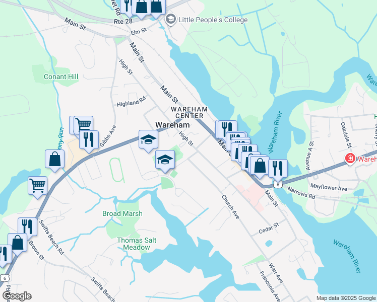 map of restaurants, bars, coffee shops, grocery stores, and more near 5 Kennedy Lane in Wareham