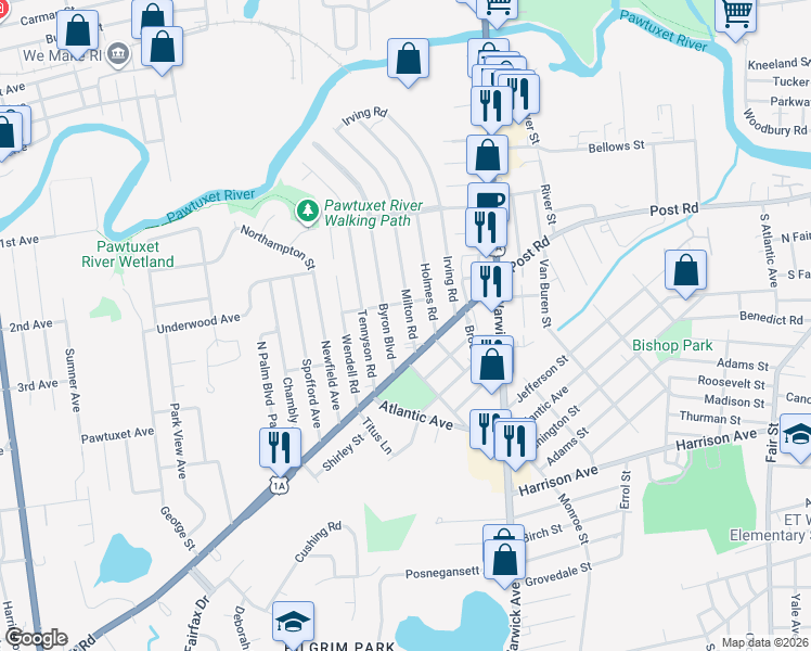 map of restaurants, bars, coffee shops, grocery stores, and more near 240 Byron Boulevard in Warwick
