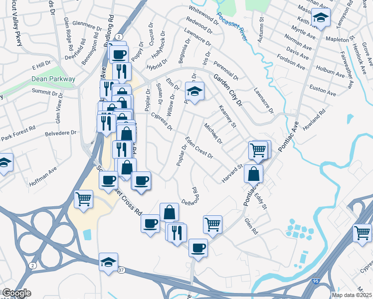 map of restaurants, bars, coffee shops, grocery stores, and more near 269 Poplar Drive in Cranston