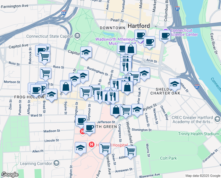 map of restaurants, bars, coffee shops, grocery stores, and more near 354 Hudson Street in Hartford
