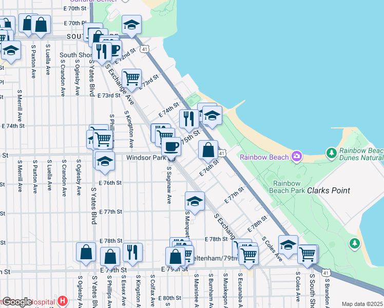 map of restaurants, bars, coffee shops, grocery stores, and more near 2725 East 75th Place in Chicago