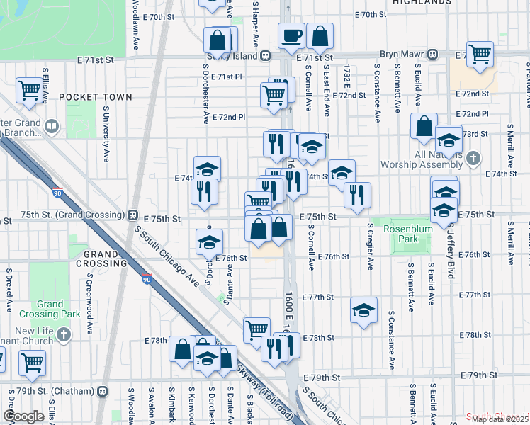 map of restaurants, bars, coffee shops, grocery stores, and more near 7530 South Stony Island Avenue in Chicago