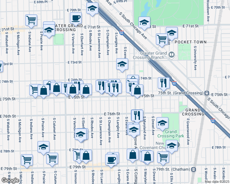 map of restaurants, bars, coffee shops, grocery stores, and more near 703 East 75th Street in Chicago