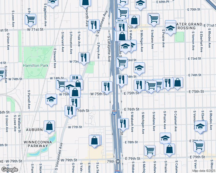 map of restaurants, bars, coffee shops, grocery stores, and more near 58 West 75th Street in Chicago