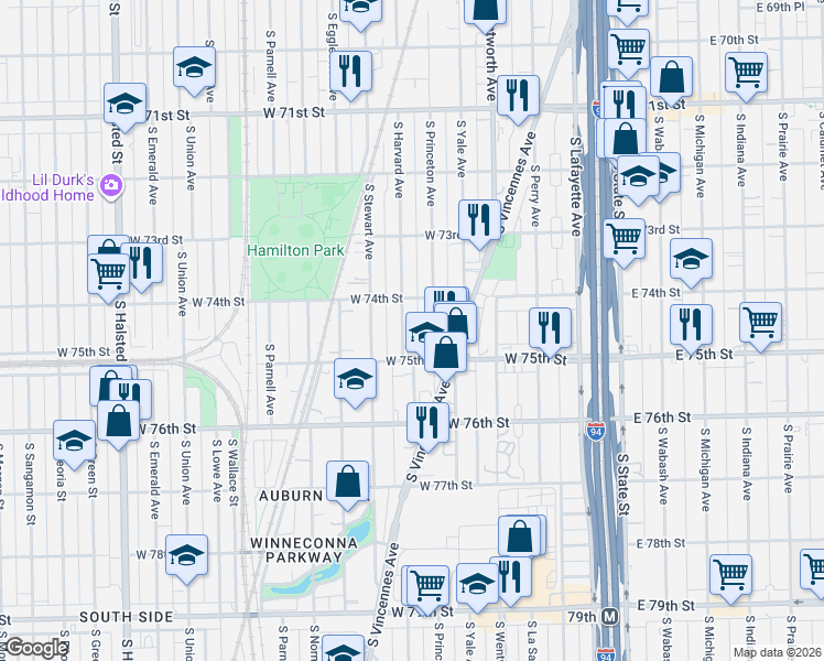 map of restaurants, bars, coffee shops, grocery stores, and more near 320 West 75th Street in Chicago