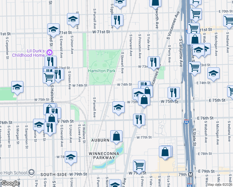 map of restaurants, bars, coffee shops, grocery stores, and more near 7446 South Eggleston Avenue in Chicago