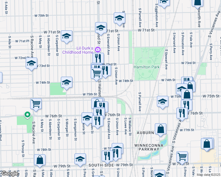 map of restaurants, bars, coffee shops, grocery stores, and more near 7440 South Union Avenue in Chicago