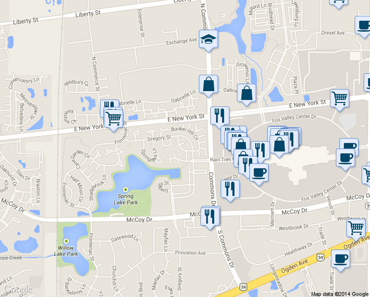 map of restaurants, bars, coffee shops, grocery stores, and more near 215 Raintree Court in Aurora