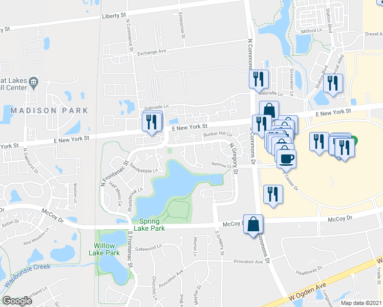 map of restaurants, bars, coffee shops, grocery stores, and more near 377 Springlake Lane in Aurora